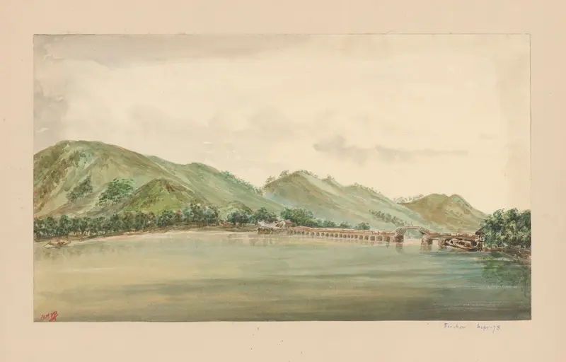 Watercolour by Auguste Mouillesaux de Bernières depicting a landscape at dawn.