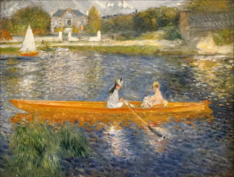 An orange boat with two seated figures glides across blue water with reeds, sailboats, and greenery in the background.