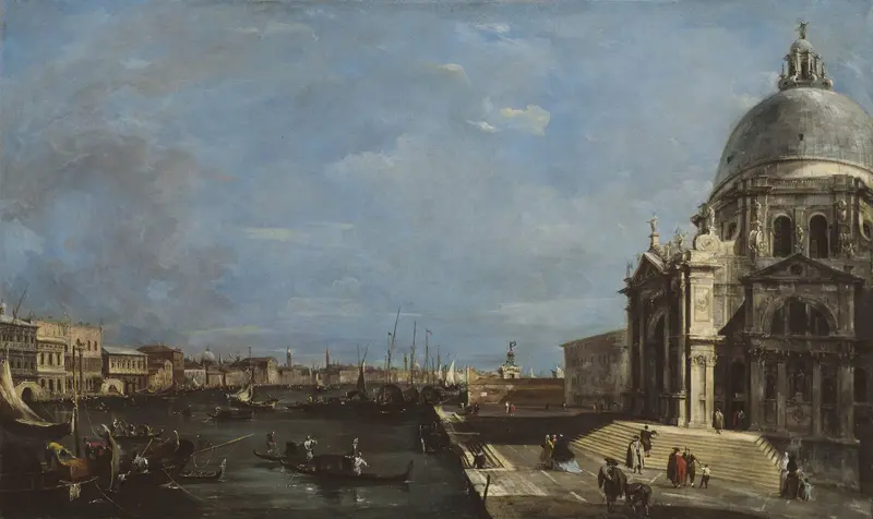 The Grand Canal, Venice by Francesco Guardi, oil on canvas showing gondolas on a canal.