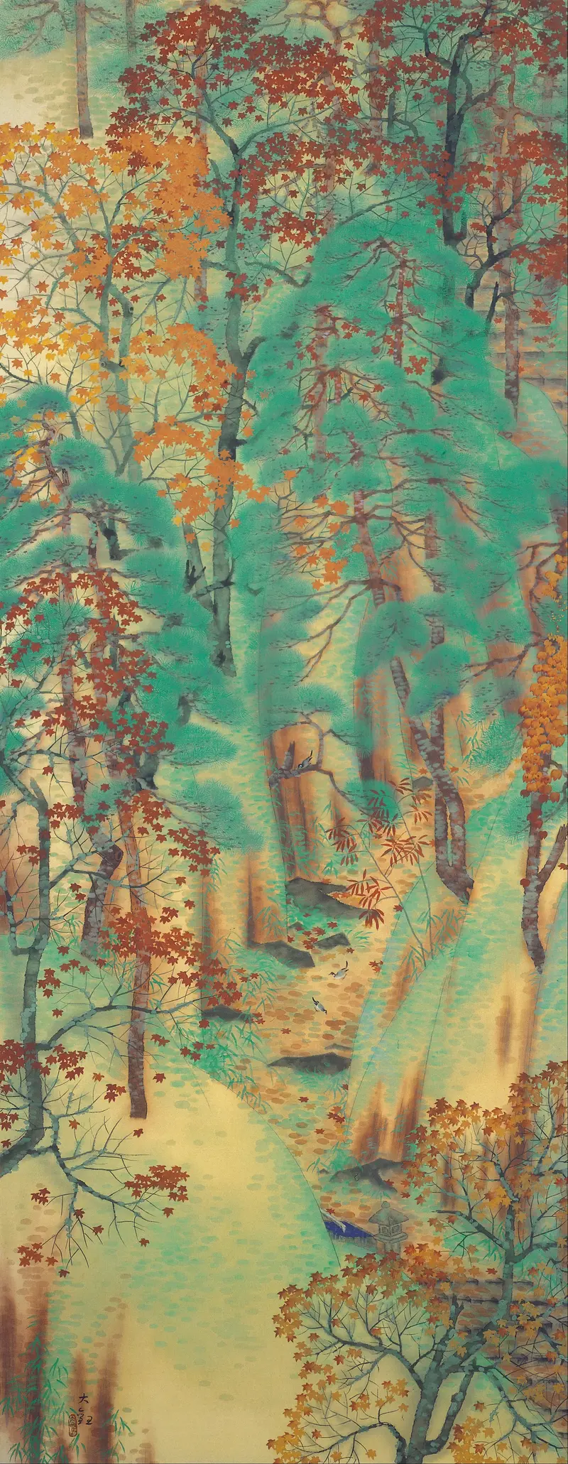 Ukiyo-e landscape by Yokoyama Taikan depicting a mountain path at dawn