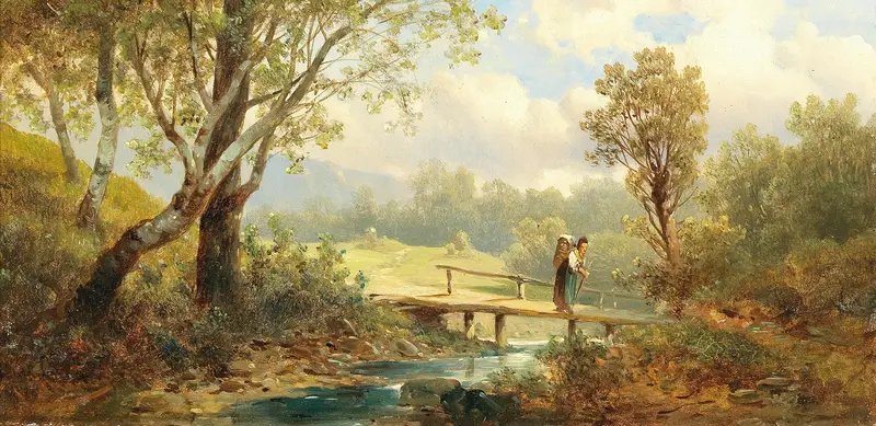 Landscape in the Upper Austria by Josef Thoma, oil on canvas depicting rolling hills and an ethereal sky.
