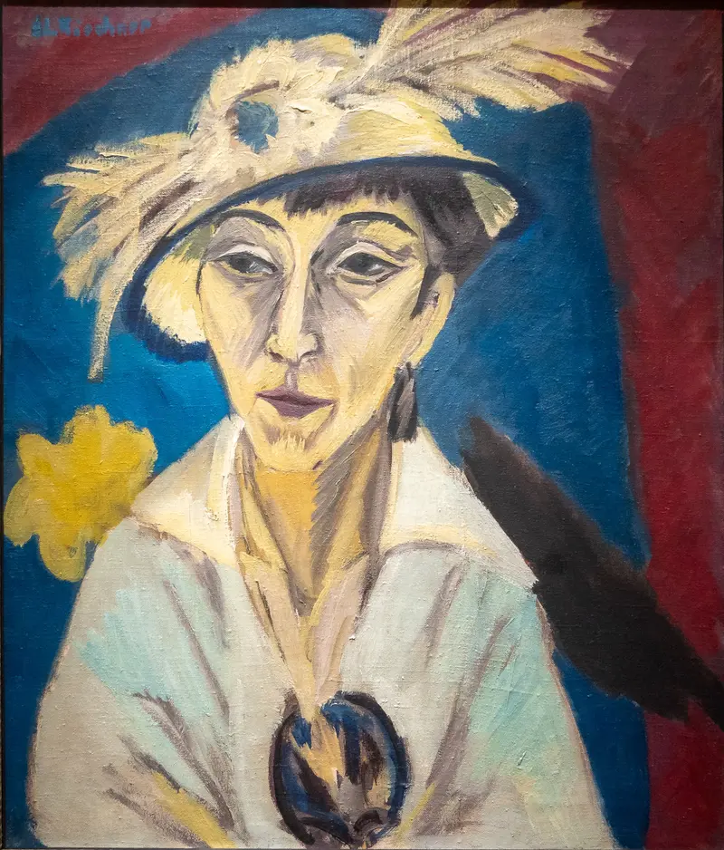 A portrait of a woman with a feathered hat, her face outlined in thick lines, set against a vibrant blue and red background.