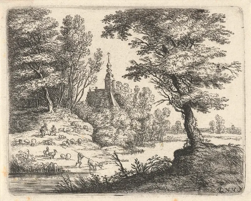 Landscape with herders and cattle by Lucas van Uden, etching