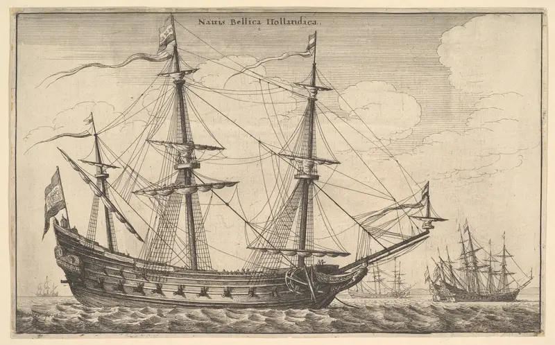 A detailed etching depicting a naval battle.