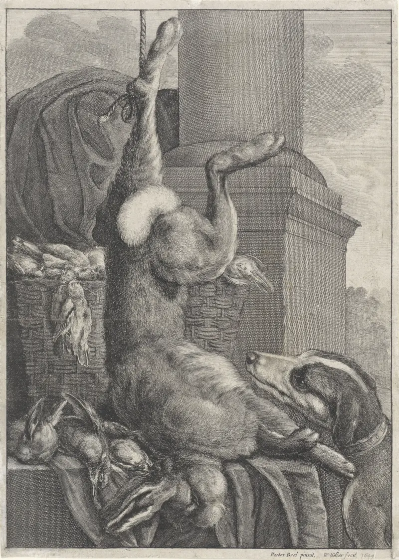Etching by Wenceslaus Hollar featuring a hare and hunting dog in natural light.