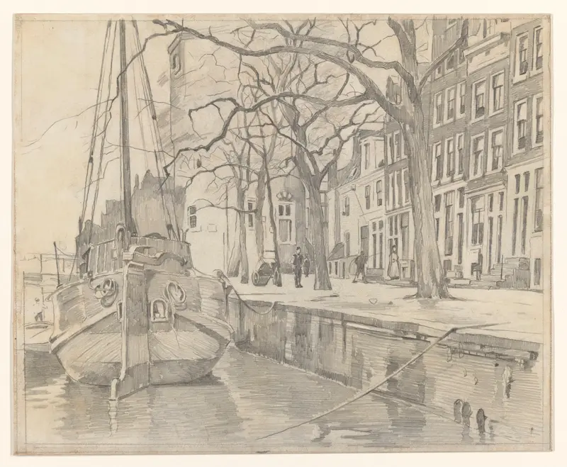 Landscape of De Oude Waal te Amsterdam by Willem Witsen, oil painting showing water and buildings.