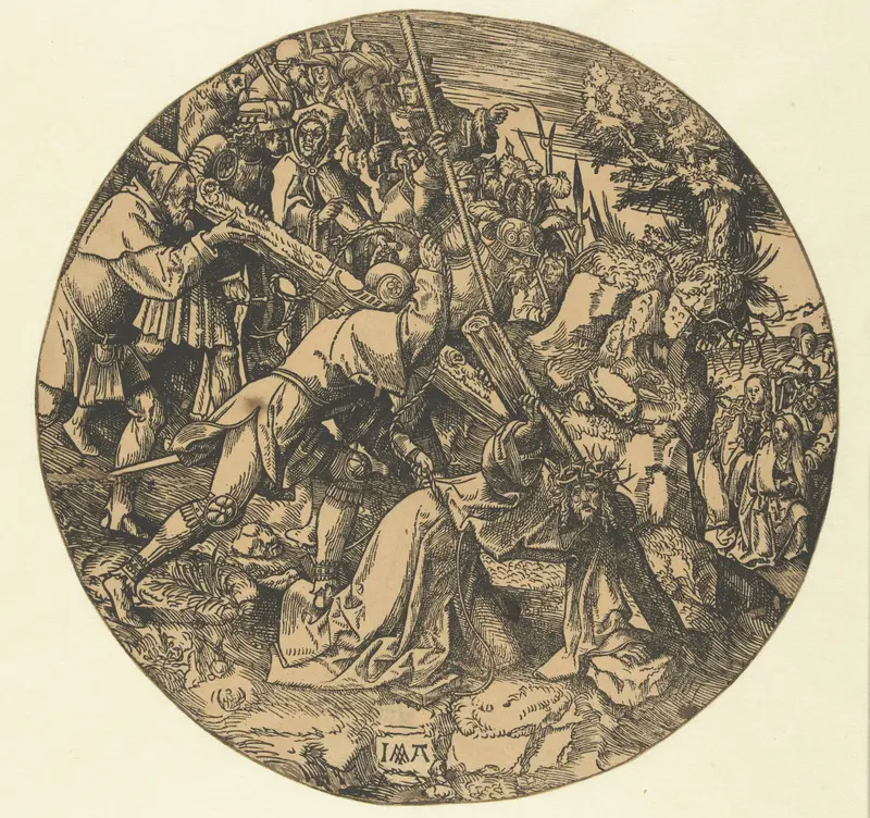 Kruisdraging by Jacob Cornelisz van Oostsanen, oil on panel, figures carrying the cross with solemn expressions