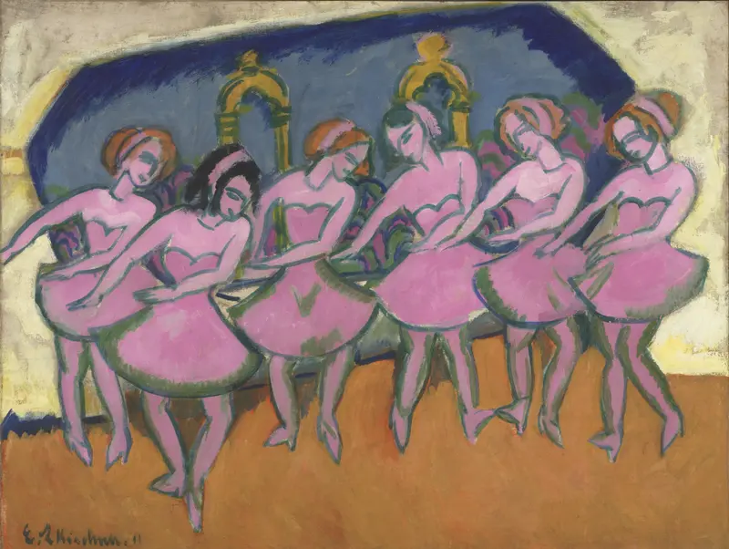 Six dancers in vibrant pink costumes captured mid-rehearsal, their bodies bending and swaying energetically.