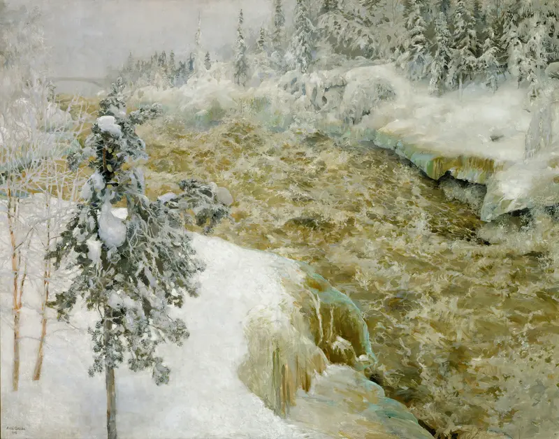 Imatra Falls in Snow by Akseli Gallen-Kallela, oil painting of a winter landscape with a waterfall.