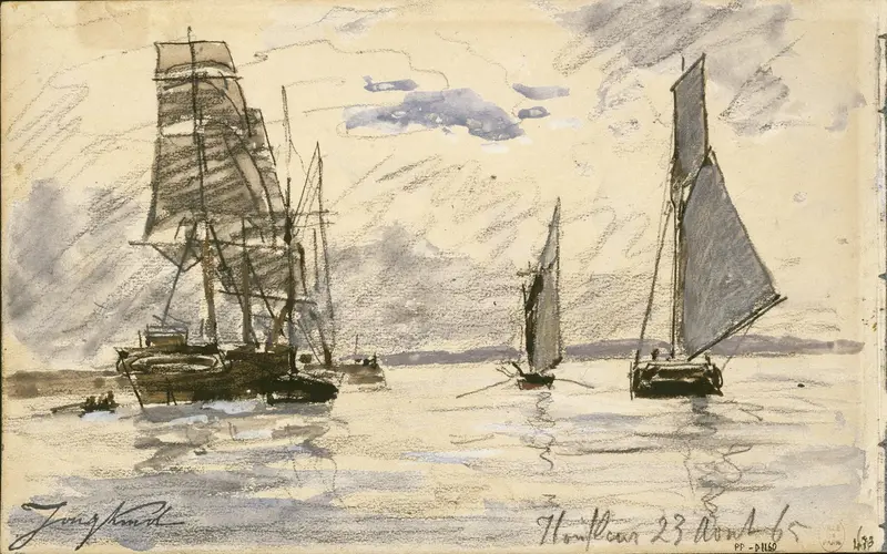 Port de Honfleur, oil painting by Johan Barthold Jongkind, depicting boats on water.