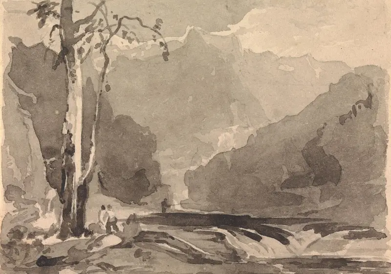 A serene landscape depicting fishermen at a mountain stream.