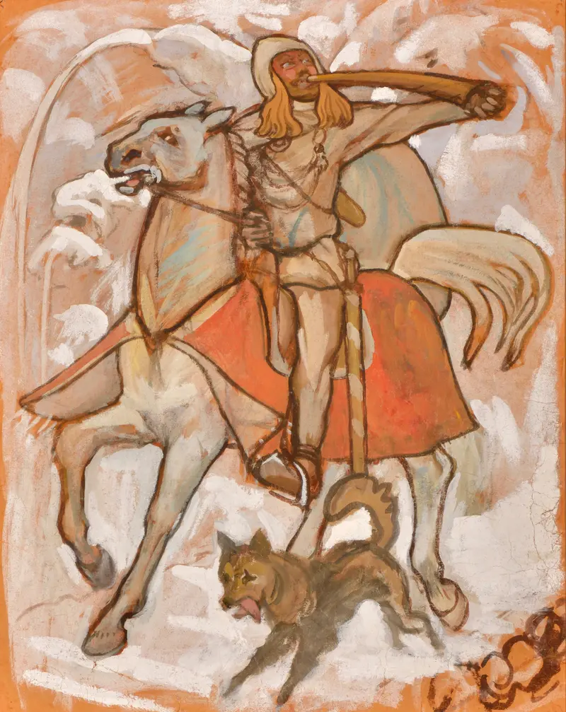 A lone figure with a raised horn, accompanied by a horse and a dog, set against an ochre and frost palette.