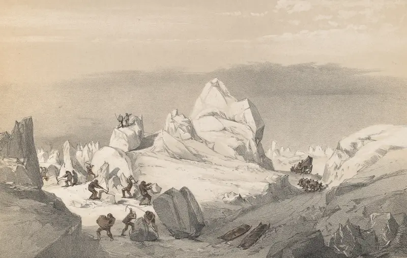 Historical scene of laborers in an arctic landscape by Walter William May, oil painting