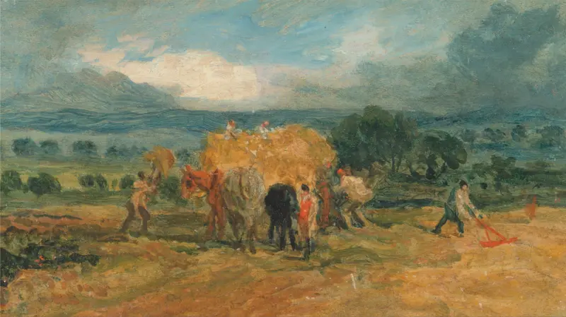 A Harvest Scene with Workers Loading Hay on to a Farm Wagon, oil painting by James Ward