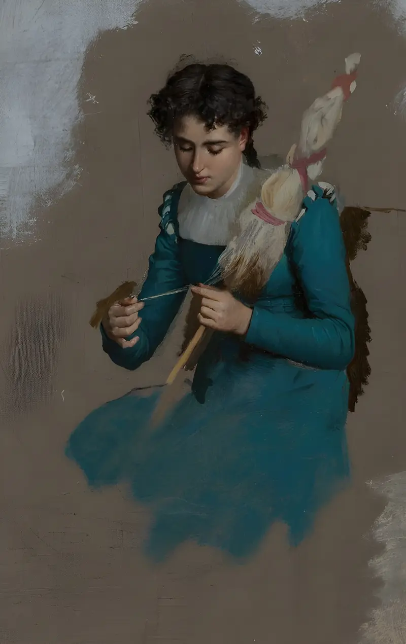 A young woman is depicted spinning in a serene setting.