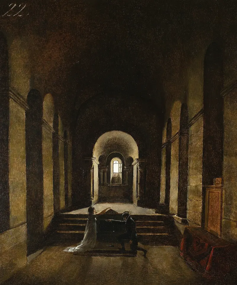 Vow (chapel interior) by François-Marius Granet, oil painting of a figure in prayer illuminated by stained glass.