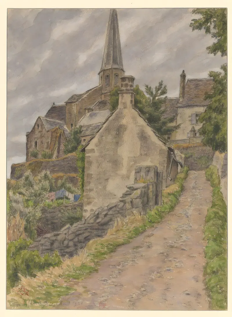 Besse-en-Chandesse by Henri Rivière, lithograph depicting hills and a sunset.