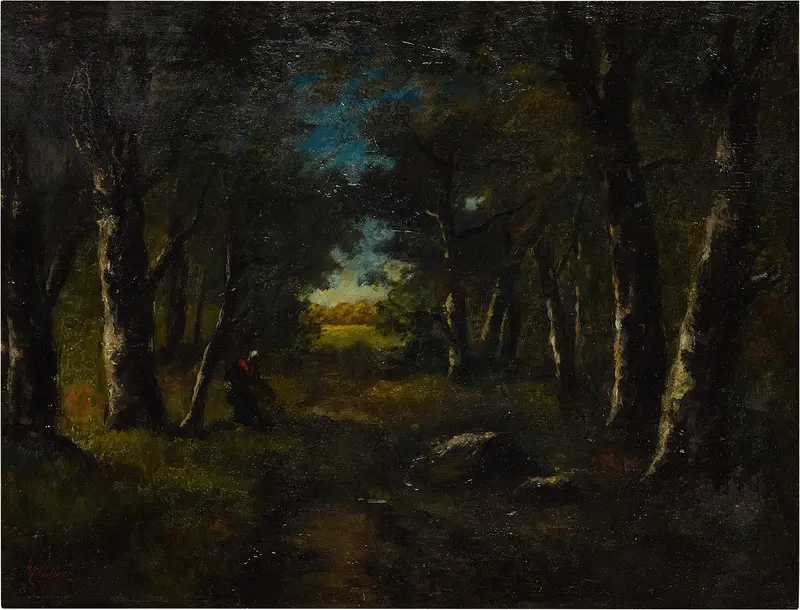 Foraging in the Forest, oil painting by Narcisse-Virgile Diaz de La Peña, depicting a lush forest scene.