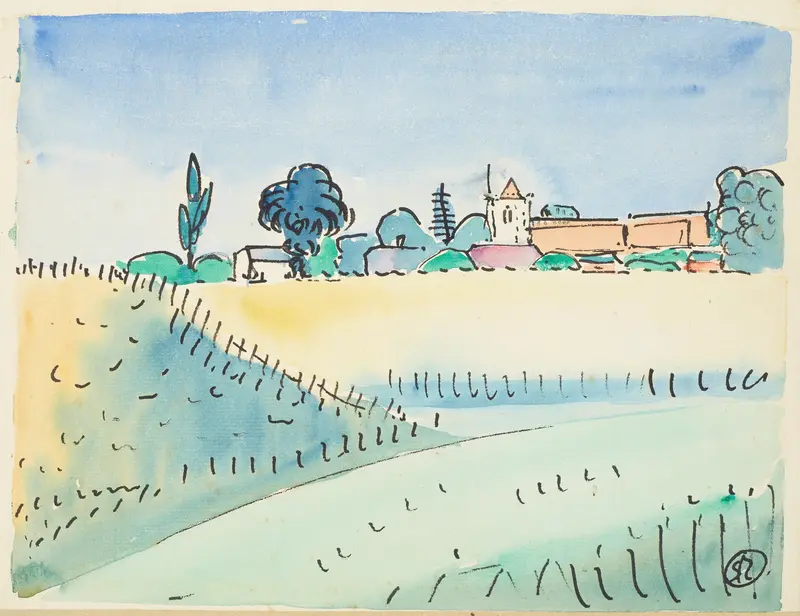 Landscape with church, oil on canvas by Raymond McIntyre