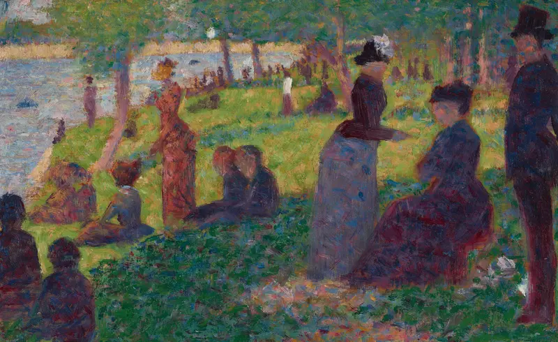 Oil sketch by Georges Seurat depicting a park scene with figures and colorful dots.
