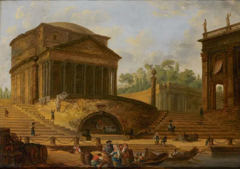 Roman capriccio by Hubert Robert, oil on canvas depicting ruins and nature at dusk