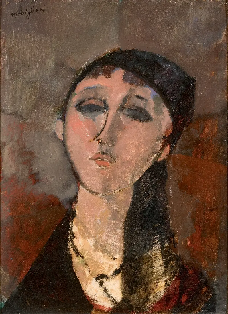 Amedeo Modigliani's portrait 'Head of a girl (Louise)' features an elongated face and almond-shaped eyes.