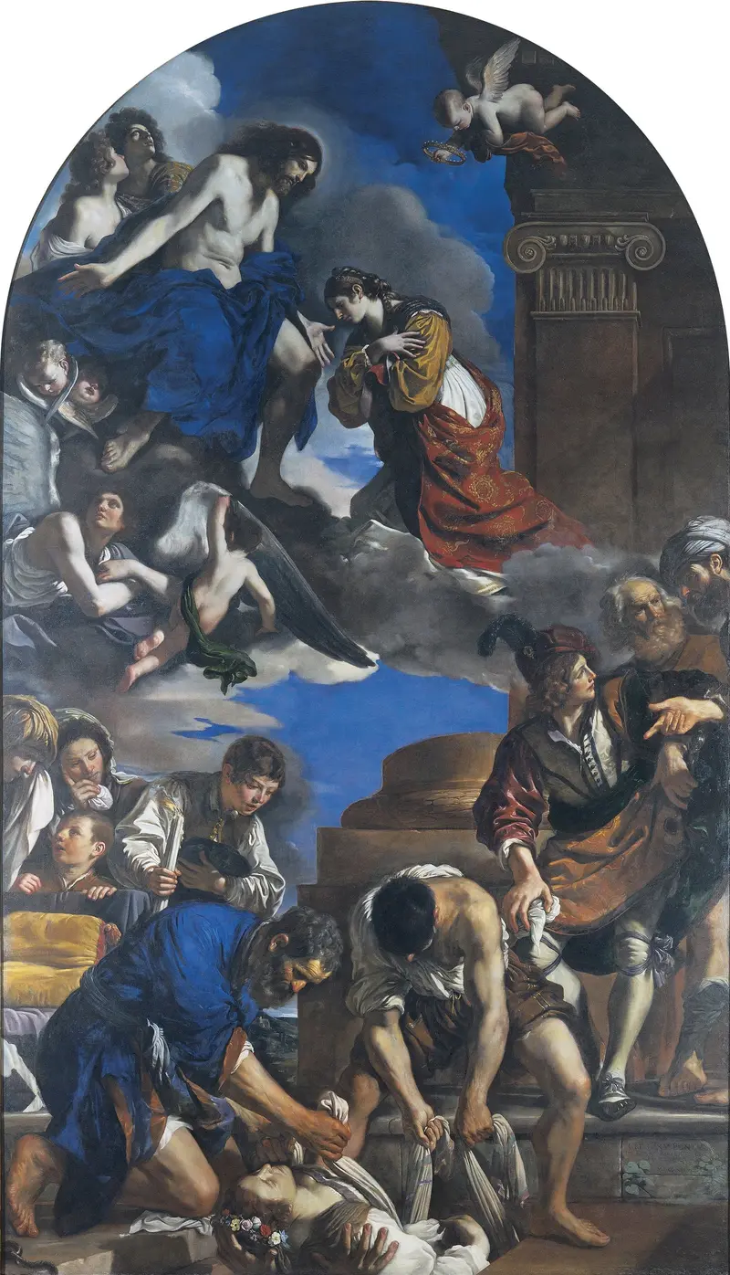 Guercino's 'Burial of Saint Petronilla' depicts a dramatic religious scene.