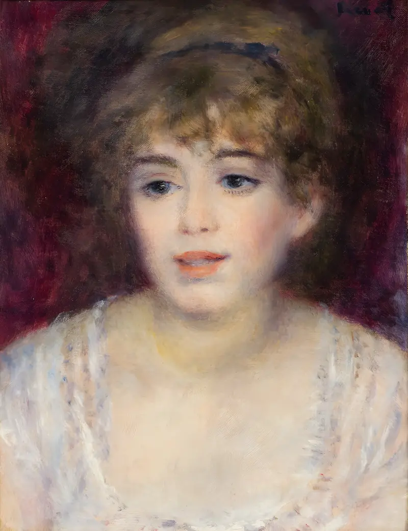 A young woman with light brown curls and a white dress gazes slightly right against a deep maroon background.