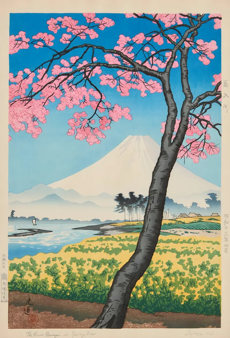The River Banyu in Spring Time by Tsuchiya Kōitsu, Ukiyo-e, depicting a river and cherry blossoms.