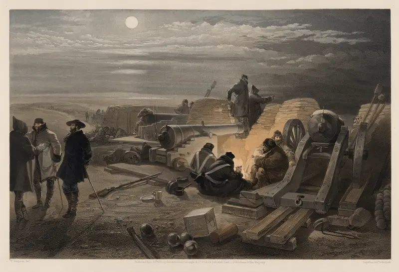 Watercolor by William Simpson depicting soldiers in an encampment at night.