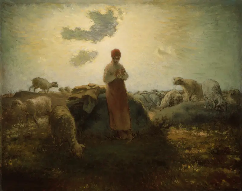 Figurative oil painting by Jean François Millet depicting a figure cradling a lamb.