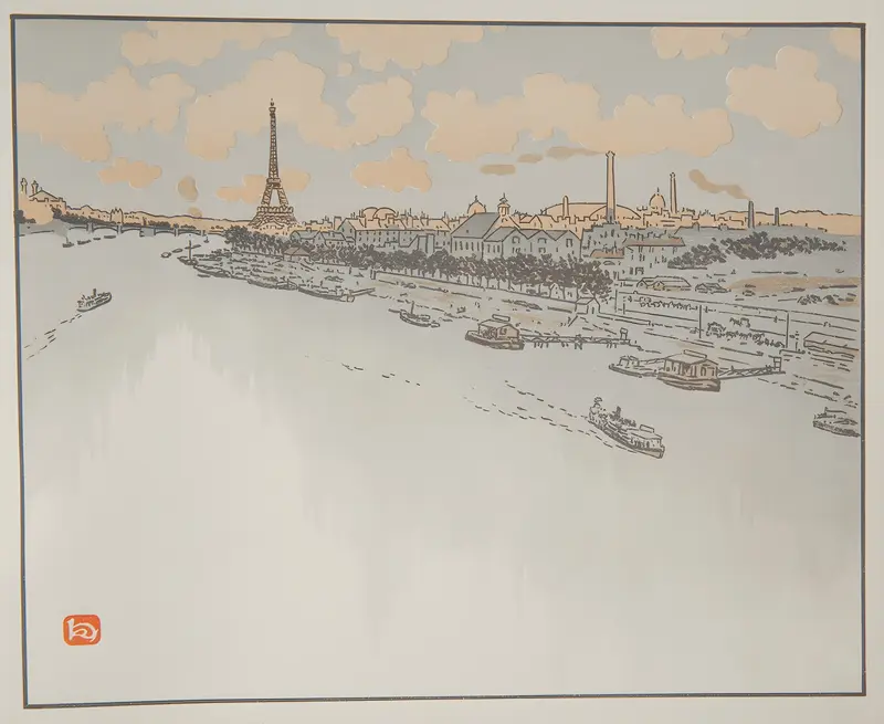 A serene landscape painting by Henri Rivière depicting a tranquil scene.
