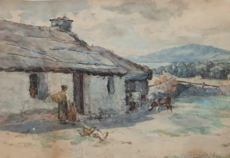 Feeding the Chickens by George Houston, oil on canvas depicting chickens in a landscape