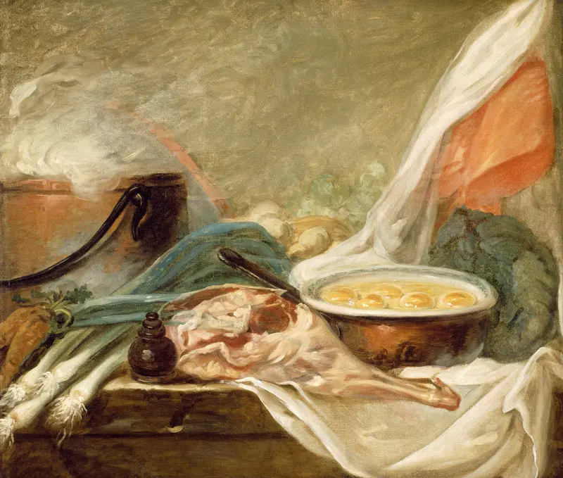 Still life featuring eggs and a leg of mutton, oil on canvas by French School