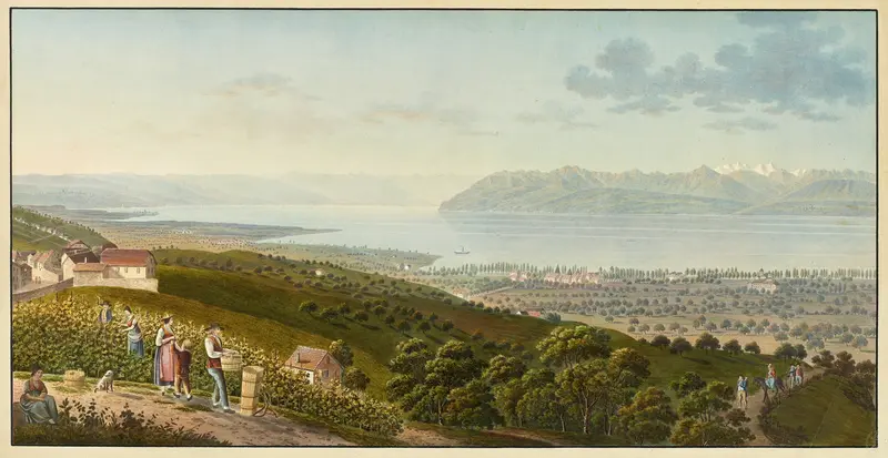 Landscape of Lake Geneva at dusk by Jakob Samuel Weibel, unknown medium
