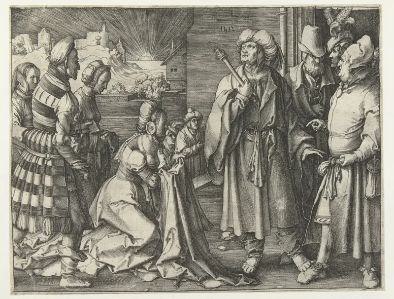 Engraving by Lucas van Leyden depicting Potiphar's wife accusing Joseph