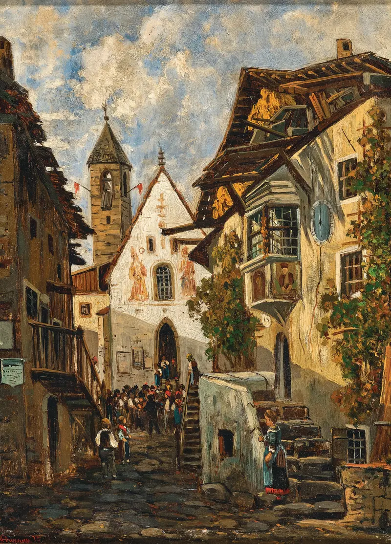 Oil painting by Theodor Von Hörmann depicting a valley with distant mountains