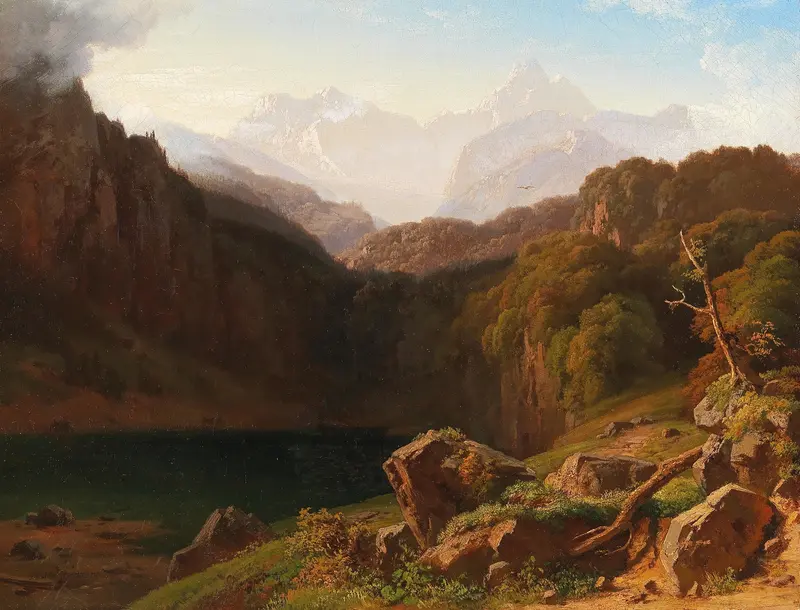A View of Grossglockner from Kals, oil on canvas by Albert Zimmermann, depicting mountains and mist.