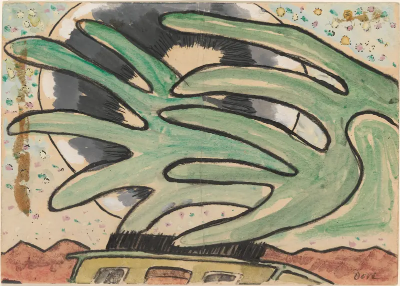 Arthur Dove's 'Silver Ball, Barge, and Trees' depicts a serene landscape with a silver sphere and a barge.