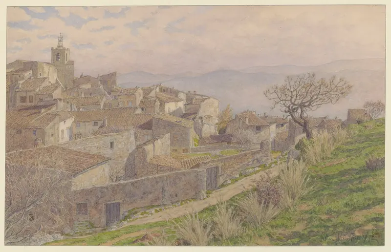 Solliès-Ville by Henri Rivière, watercolor on paper depicting a sunlit village landscape.