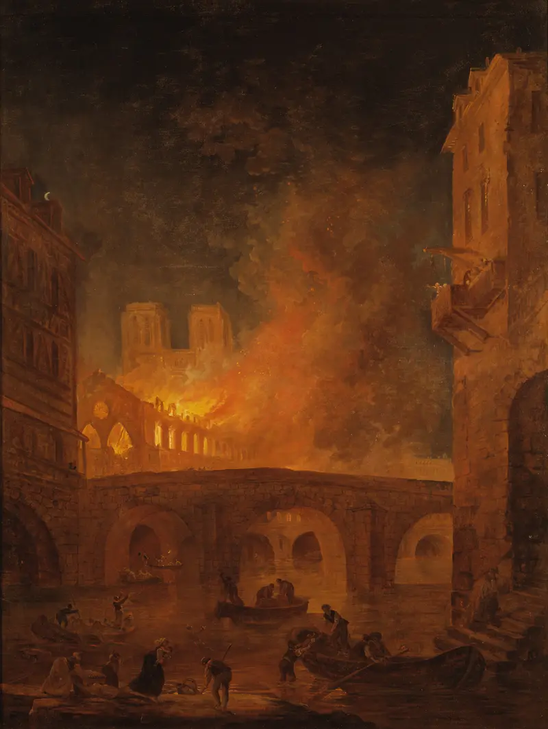 The Fire of Hôtel-Dieu in Paris, oil on canvas by Hubert Robert, showing ruins lit by firelight.