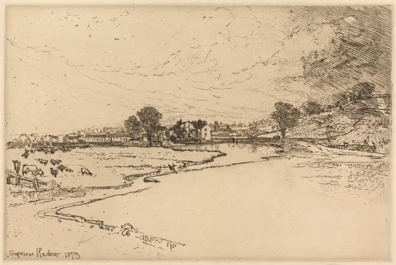Engraving of Sawley Abbey by Francis Seymour Haden, showcasing intricate ruins and landscape.