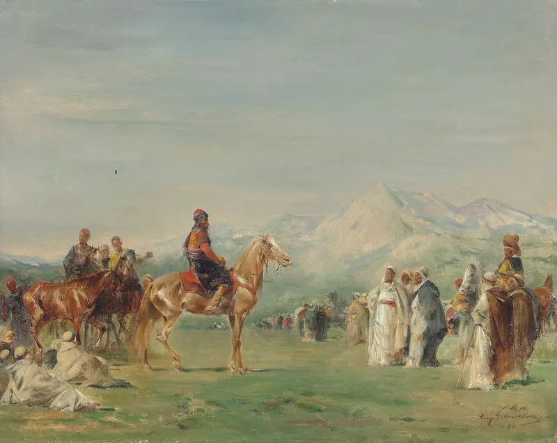 Campement arabe dans les montagnes de l’Atlas by Eugène Fromentin, oil painting depicting mountains and tents.
