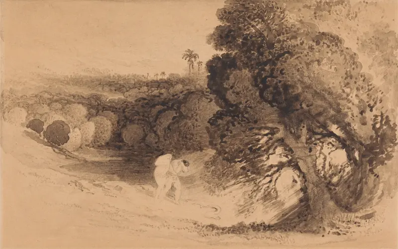 Expulsion from Eden by John Martin, oil painting depicting Adam and Eve in a turbulent sky.