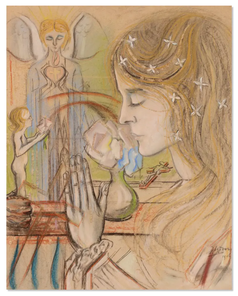 A painting by Jan Toorop titled 'Het Gebed' depicting a religious scene.