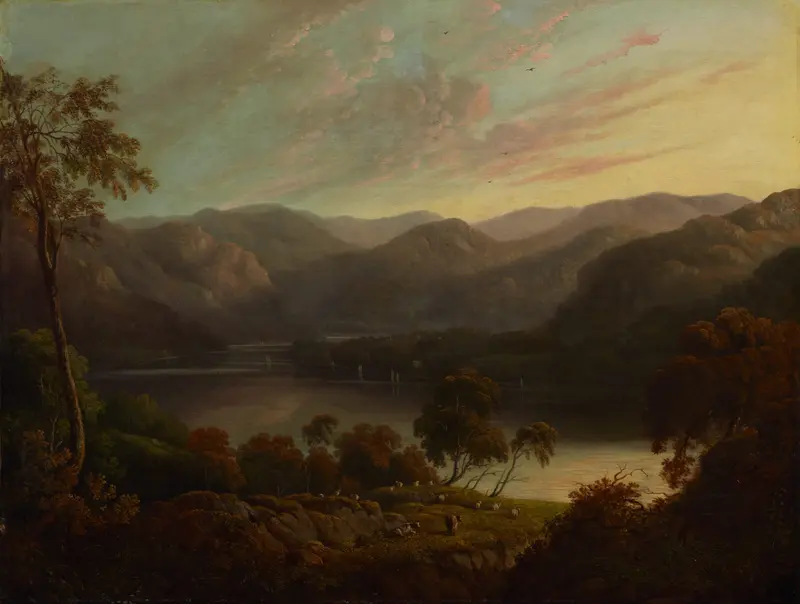 Landscape view in Cumberland by John Glover, oil on canvas, depicting rolling hills and a tranquil sky.