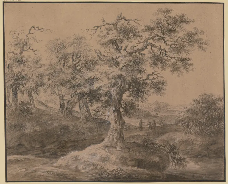 Eichenwald, am Weg eine rastende Familie by Johann Heinrich Wüest, oil on canvas showing a family resting in a forest.