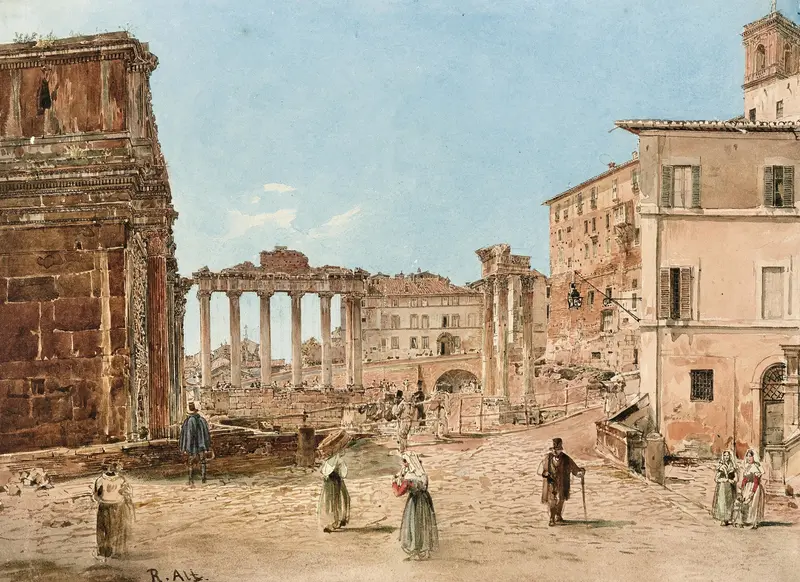 The Roman Forum in Rom by Rudolf von Alt, oil painting depicting ancient ruins and columns.