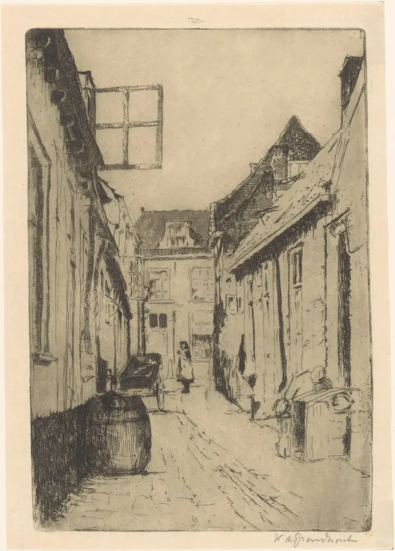 Landscape oil painting by Willem Adrianus Grondhout depicting a street in Voorburg