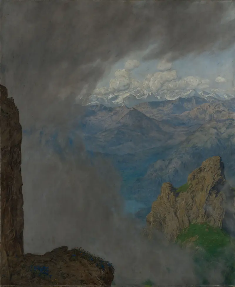 Blick vom Pilatus by Hans Thoma, oil on canvas depicting a tranquil mountain landscape.